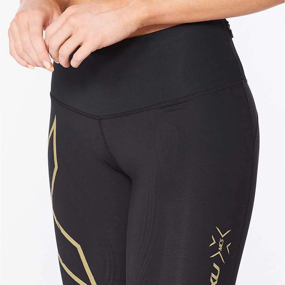 2XU Women Light Speed Mid-Rise Compression Short - Black / Gold Reflective - Image 3
