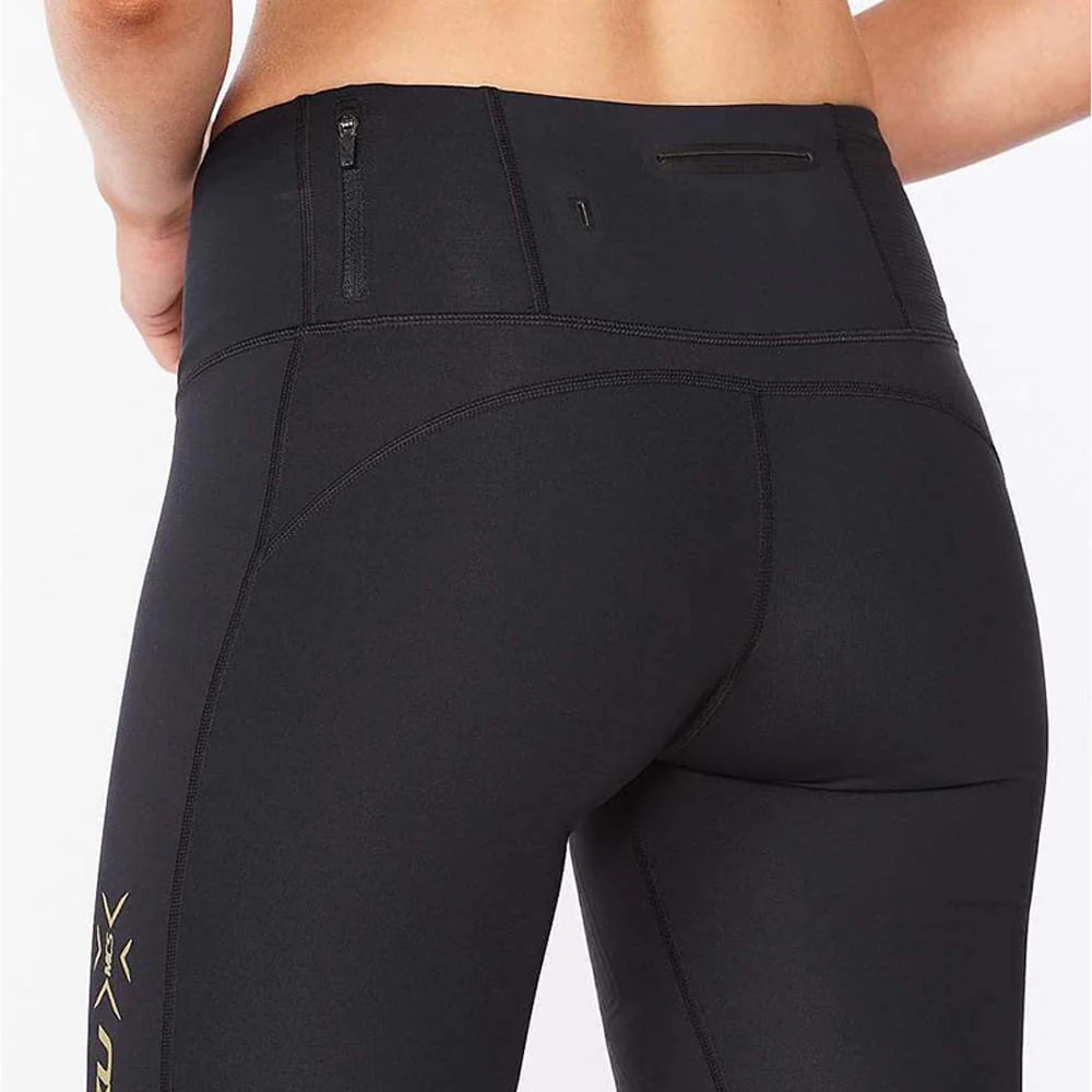 2XU Women Light Speed Mid-Rise Compression Short - Black / Gold Reflective - Image 4